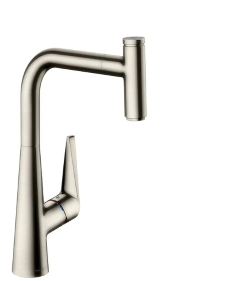 Küchenarmatur in Edelstahl-Optik von Hansgrohe mit einem hohen Auslauf und einem seitlichen Hebel für die Steuerung von Wasser.
